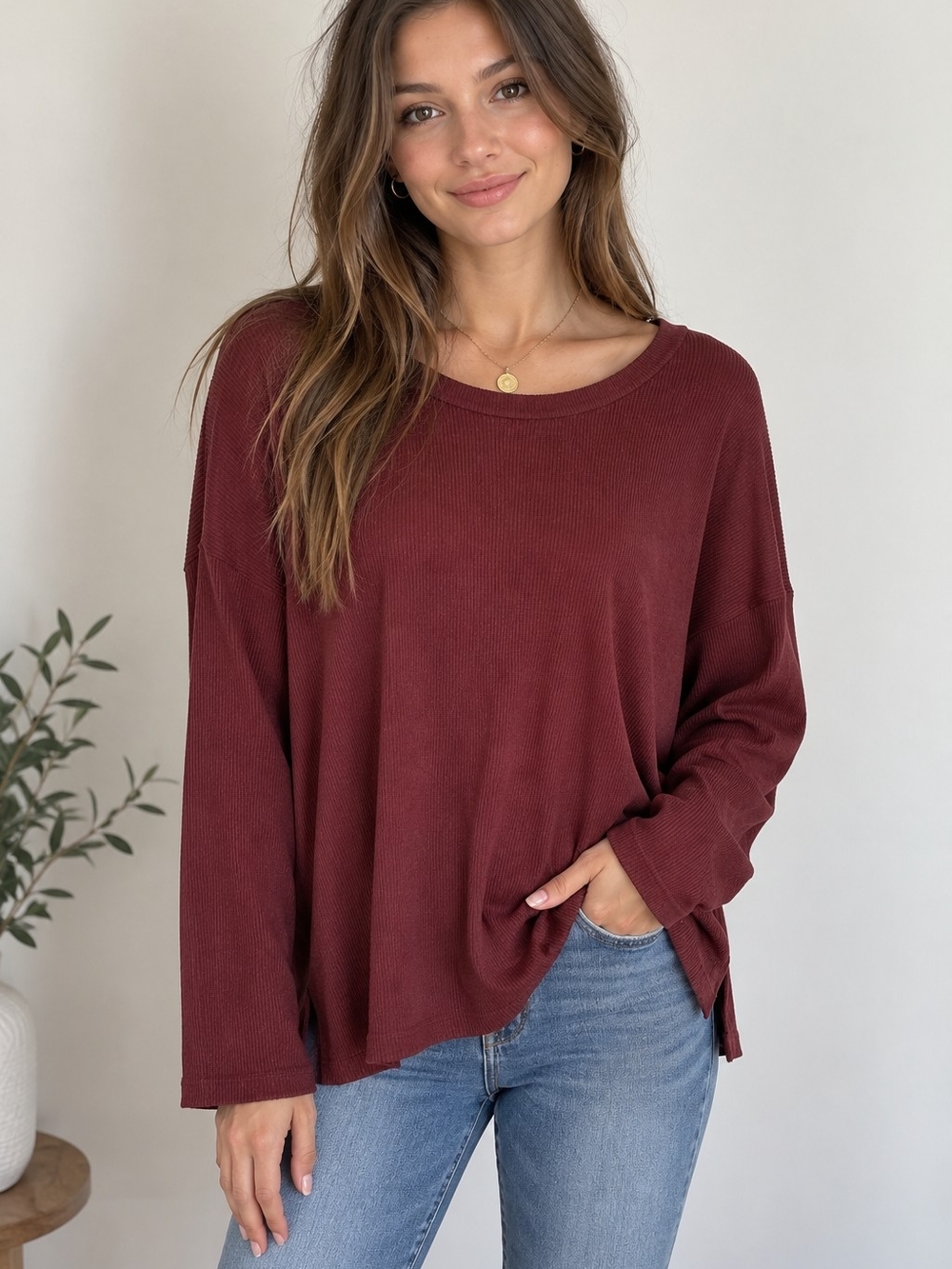 Maurices Ribbed Long-Sleeve Top in Wine
